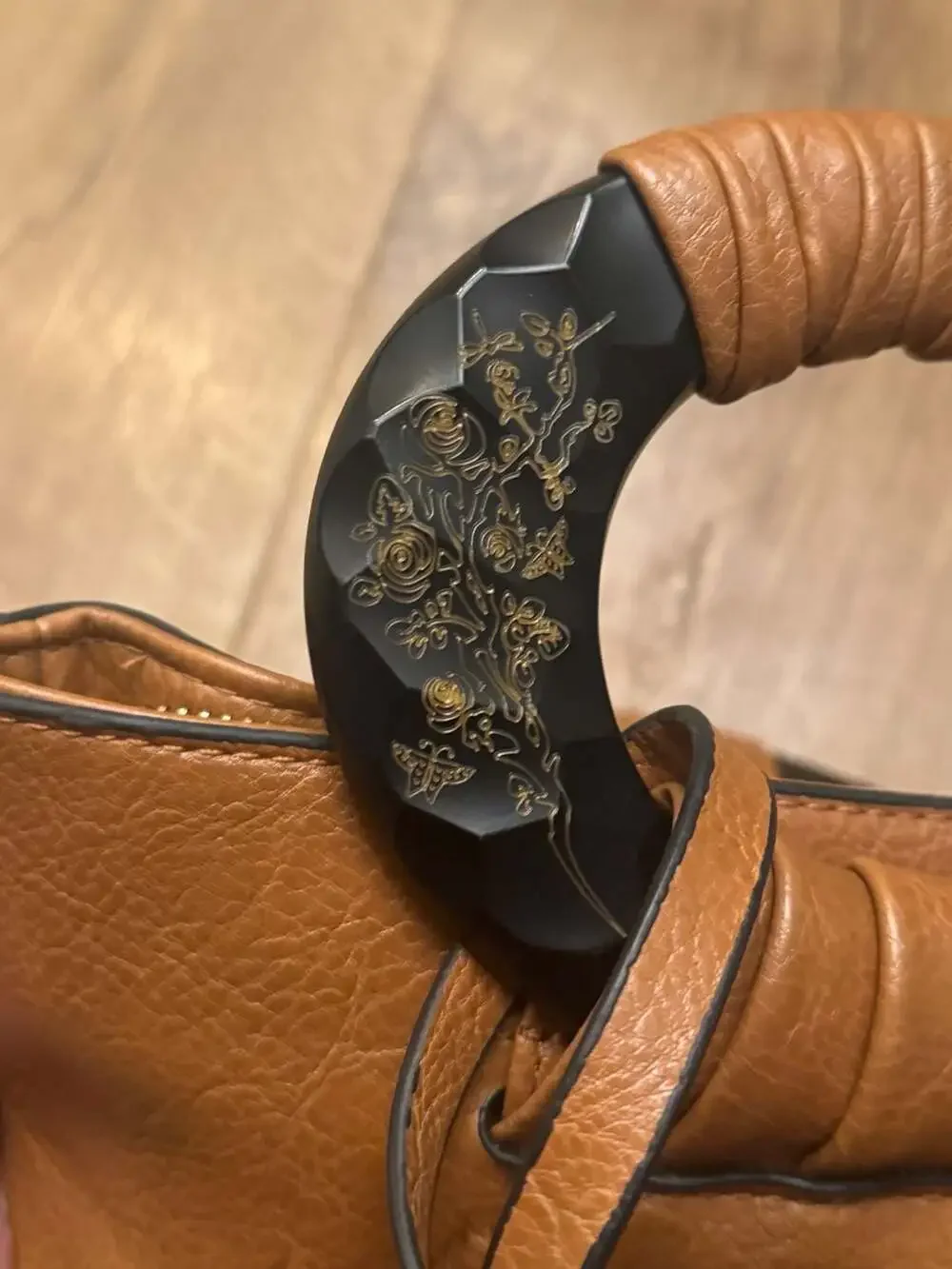 PACD Brown Satchel with Embossed Rose Floral Detail and Sculpted Ring Handles